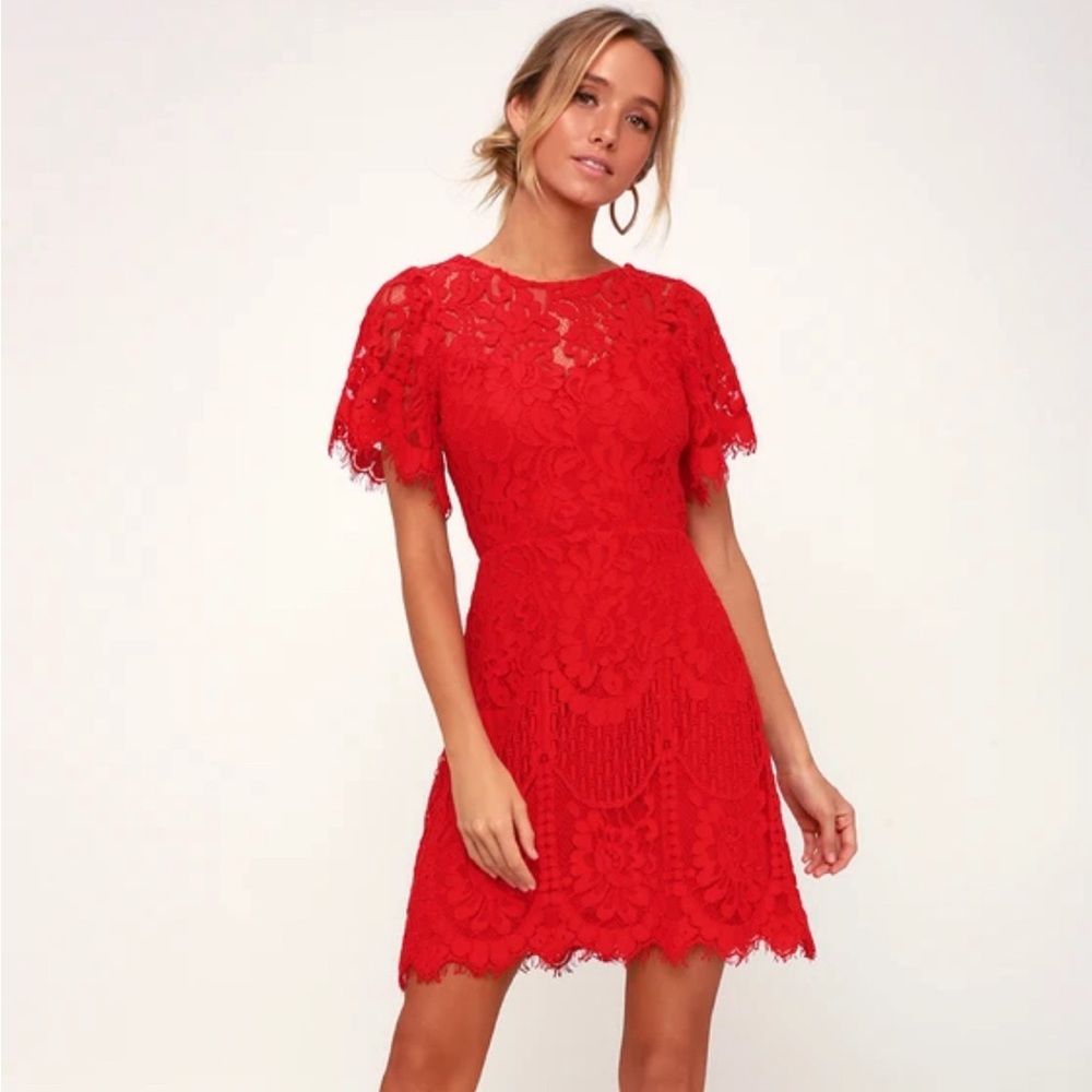 Pearson Red Lace Short Sleeve Dress by Lulus NWT Sz M